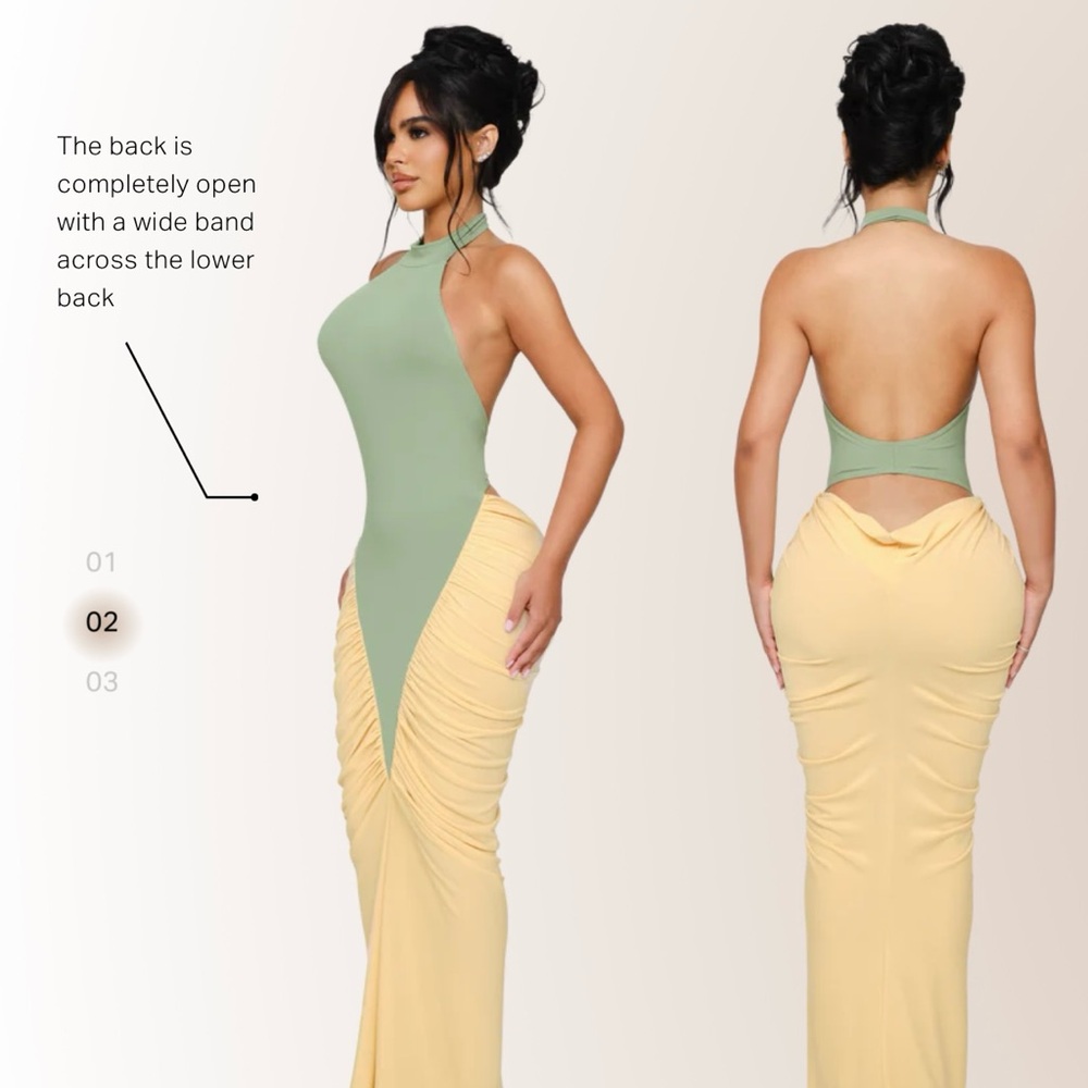 Backless Halter Two-Tone Maxi Dress in Sage Green and Pale Yellow